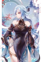 1girl arm_at_side artist_name bare_shoulders black_dress blue_eyes blue_nails blue_ribbon breasts china_dress chinese_clothes cleavage closed_mouth contrapposto copyright_name cowboy_shot detached_sleeves dress earrings egasumi expressionless genshin_impact hair_ornament hair_ribbon hair_stick hand_on_own_hip highres jewelry large_breasts long_hair long_sleeves looking_to_the_side nail_polish official_alternate_costume outside_border pelvic_curtain pillarboxed ribbon see-through_clothes see-through_cleavage shenhe_(frostflower_dew)_(genshin_impact) shenhe_(genshin_impact) side_slit sidelocks sleeveless sleeveless_dress snowing solo tassel tassel_earrings thighlet thighs white_hair wuke_euco