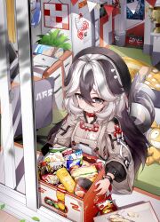 1girl absurdres breasts bronya_zaychik bronya_zaychik_(herrscher_of_truth) chair chips_(food) closed_mouth cola computer coralie_6626_planck coralie_6626_planck coralie_6626_planck_(valkyrie_blastmetal) evzeva food grey_hair hair_between_eyes highres homu_(honkai_impact) honkai_(series) honkai_impact_3rd indoors microwave multicolored_hair nail_polish paper plant refrigerator second-party_source shoes small_breasts snack solo trash_can trophy window