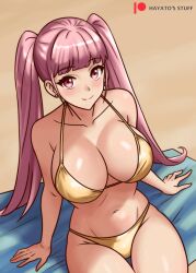 1girl absurdres alternate_costume bikini blunt_bangs breasts cleavage fire_emblem fire_emblem:_three_houses gold_bikini hayato_stuff highres hilda_valentine_goneril large_breasts long_hair looking_at_viewer nintendo pink_eyes pink_hair smile solo swimsuit twintails