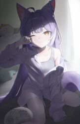 1girl absurdres animal_ear_fluff animal_ears antenna_hair collarbone cone_hair_bun fox_ears fox_girl fox_tail hair_bun highres multicolored_hair one_eye_closed purple_hair purple_tail shirt stellive streaked_hair tail tenko_shibuki user_efxg3474 virtual_youtuber yellow_eyes
