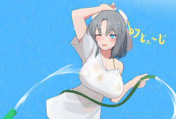 1girl absurdres arm_up bare_shoulders bikini bikini_under_clothes blue_eyes blush bow breasts cleavage collarbone george_(pixiv7099078) gold_bikini grey_hair highres holding holding_hose hose large_breasts medium_hair midriff one_eye_closed open_mouth see-through_clothes senran_kagura shirt smile solo spraying strap_slip swimsuit t-shirt upper_body water wet wet_clothes yumi_(senran_kagura)