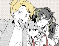 3girls :d bad_boys_(limited_life_smp) ben-day_dots blonde_hair commentary english_commentary genderswap genderswap_(mtf) grian_(youtuber) happy highres jacket limited_life_smp long_hair low_twintails minecraft_youtube mipaihere multicolored_hair multiple_girls open_clothes open_jacket open_mouth ponytail screentones shy smallishbeans smile solidaritygaming spot_color streaked_hair traffic_life_series twintails upper_body v vest