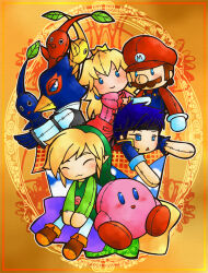 Rule 34 | 1girl, 5boys, blonde hair, blue eyes, blue hair, character doll, chatan (160429), commentary request, crossover, doll, falco lombardi, fire emblem, group picture, ike (fire emblem), kirby, link, looking at viewer, looking to the side, mario, mario (series), multiple boys, multiple crossover, nintendo, no mouth, pikmin (creature), pikmin (series), pointy ears, pointy nose, princess peach, sitting, star-shaped pillow, star fox, stuffed toy, super smash bros., toon link, triangle mouth