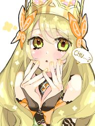 1girl :o blowing_kiss bow butterfly_hair_ornament celine_(fire_emblem) cross-laced_clothes cross-laced_dress crown dress_bow fire_emblem fire_emblem_engage green_eyes hair_ornament highres kataagetokage nail_polish nintendo orange_bow princess wrist_bow yellow_nails