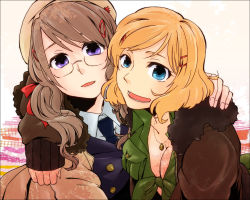 2girls america_(hetalia) axis_powers_hetalia az0212 bad_id bad_pixiv_id beret blonde_hair blue_eyes breasts brown_hair canada_(hetalia) cleavage coat formal_clothes genderswap genderswap_(mtf) glasses hair_ornament hairclip hat hug jacket jewelry large_breasts leaf maple_leaf multiple_girls necklace necktie purple_eyes shirt siblings sisters suit tied_shirt twintails