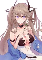 1girl aoi_tooru arknights black_choker black_nails breasts brown_hair choker dress flower highres holding holding_flower indigo_(arknights) long_hair looking_at_viewer medium_breasts nail_polish pointy_ears purple_eyes solo upper_body white_background white_dress white_flower
