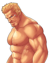 1boy abs bandaid bandaid_on_face bara beard_stubble biceps blonde_hair cid_highwind closed_mouth facial_hair final_fantasy final_fantasy_vii looking_at_viewer magnum_feering male_focus muscular muscular_male nipples pectorals smile stubble topless_male upper_body white_background