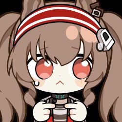 1girl :&lt; angelina_(arknights) animal_ears animated animated_gif arknights black_choker blush brown_hair chinese_commentary choker chunye_haruya coat commentary_request dot_nose earpiece fox_ears hair_between_eyes hairband index_fingers_together infection_monitor_(arknights) jacket long_hair looking_at_viewer lowres material_growth open_clothes open_coat open_jacket oripathy_lesion_(arknights) red_eyes red_hairband red_jacket second-party_source solo striped_clothes striped_hairband sweat sweatdrop transparent_background twintails two-tone_hairband upper_body white_coat