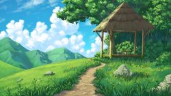bush chinese_commentary cloud commentary_request cup flower forest grass hut landscape mountain nature no_humans original path plant road rock rooftop scenery sky table teacup teapot tree xingzhi_lv