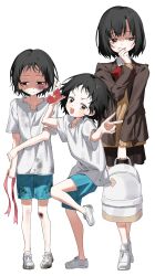 Rule 34 | 1girl, absurdres, backpack, bag, black hair, bruise, closed mouth, dangdidangdi, full body, highres, injury, kuze shizuka, open mouth, ribbon, school uniform, shirt, shoes, standing, takopii no genzai, white shirt