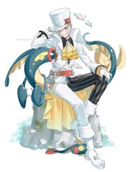 Rule 34 | absurdres, alternate color, ascot, ayasyacyo, black shirt, boots, claws, collared shirt, eel, eelektrik, eelektross, emmet (pokemon), emmet (sygna suit) (pokemon), fangs, fins, fish, frilled sleeves, frills, gen 5 pokemon, gloves, grey eyes, grey hair, hand on own hat, hat, head fins, highres, jacket, lantern, moss, nintendo, on rock, pokemon, pokemon (creature), pokemon masters ex, shiny pokemon, shirt, short hair, sideburns, sitting, sleeping, smile, tynamo, white background, white gloves, white hat, white jacket