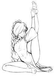1girl absurdres barefoot braid chinese_clothes feet hair_over_one_eye highres leg_up long_hair looking_at_viewer monochrome scissor_seven smile soles stirrup_legwear thirteen_(scissor_seven) toeless_legwear toes
