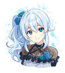 Rule 34 | 1girl, absurdres, aqua flower, blue eyes, blue flower, blue hair, blush, closed mouth, collarbone, commentary, cropped torso, dress, flower, frilled dress, frills, hair flaps, hair flower, hair ornament, highres, kougi hiroshi, lace, lace dress, lone nape hair, long hair, looking at viewer, nijisanji, pinstripe dress, pinstripe pattern, see-through clothes, see-through dress, side ponytail, sidelocks, smile, solo, split mouth, symbol-only commentary, virtual youtuber, wavy hair, yukishiro mahiro, yukishiro mahiro (3rd costume)