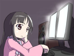 1girl black_hair brown_eyes brown_hair computer female_focus hand_on_own_cheek hand_on_own_face houraisan_kaguya computer_keyboard kusaba kusaba_(kusabashiki) lonely monitor neet screen solo speaker touhou