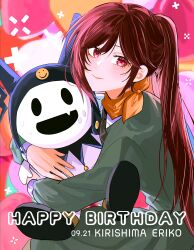1girl absurdres character_name closed_mouth creature fsmaichobpeg0 happy_birthday highres jack_frost_(megami_tensei) kirishima_eriko long_hair looking_at_viewer persona persona_1 pink_eyes ponytail red_hair smile solo