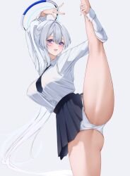1girl :d absurdres alternate_costume alternate_hairstyle arms_up bare_legs black_necktie black_skirt blue_archive blue_halo blush breasts buttons cameltoe clothes_lift collared_shirt commentary covered_erect_nipples fingernails grey_background grey_hair grey_halo hair_between_eyes halo hand_on_own_leg high-waist_skirt high_ponytail highres lanhua227 large_breasts standing_split leg_up long_hair long_sleeves looking_at_viewer mechanical_halo miniskirt multicolored_halo necktie noa_(blue_archive) open_mouth panties pleated_skirt ponytail purple_eyes shirt shirt_tucked_in simple_background skirt skirt_lift smile solo split standing standing_on_one_leg standing_split two-tone_halo underwear very_long_hair white_panties white_shirt