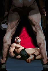 2boys abs ass bare_shoulders bdsm belt black_belt black_footwear black_male_underwear bound_ankles brown_hair call_of_duty call_of_duty:_modern_warfare_2 commentary covered_mouth duct_tape english_commentary ghost_(modern_warfare_2) highres holding holding_mask jockstrap looking_at_another male_focus male_underwear mask mohawk multiple_boys nipples pectorals restrained scar scar_on_leg signature soap_(modern_warfare_2) sound_effects topless_male underwear unworn_mask veins veiny_legs voidbringerr yaoi