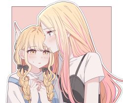 2girls blonde_hair blush border braid commentary fang fujita_kotone gakuen_idolmaster highres idolmaster juo_sena kabedon kousaka_0v0 long_hair multicolored_hair multiple_girls orange_eyes outline outside_border parted_lips pink_background pink_hair purple_eyes shirt short_sleeves simple_background skin_fang streaked_hair sweatdrop twin_braids white_border white_outline white_shirt yuri