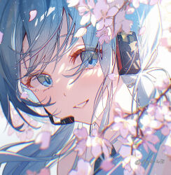 1girl arms_up backlighting blue_eyes blue_hair blue_necktie blush cherry_blossoms chromatic_aberration close-up cloudyman commentary day english_commentary falling_petals floating_hair grin hatsune_miku headphones highres lips long_eyelashes looking_at_viewer microphone necktie petals portrait shirt signature sleeveless sleeveless_shirt smile solo twintails twitter_username vocaloid white_shirt