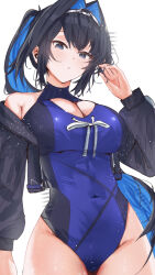 Rule 34 | 1girl, :/, arm at side, black hair, black jacket, blue eyes, blue hair, blue one-piece swimsuit, blush, breasts, chain, chain headband, cleavage, cleavage cutout, closed mouth, clothing cutout, colored inner hair, commentary, covered navel, cropped jacket, floating hair, hair intakes, hand up, highleg, highleg one-piece swimsuit, highres, hololive, hololive english, jacket, large breasts, long hair, long sleeves, looking at viewer, multicolored hair, off shoulder, official alternate costume, one-piece swimsuit, open clothes, open jacket, ouro kronii, ponytail, simple background, solo, swimsuit, two-tone hair, vanssey, very long hair, virtual youtuber, white background