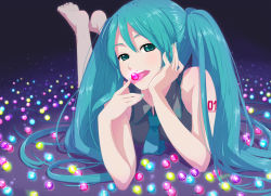 Rule 34 | 1girl, aqua eyes, aqua hair, aqua nails, barefoot, candy, duplicate, feet, female focus, food, hatsune miku, head rest, licking, lollipop, lying, nail polish, necktie, on stomach, open mouth, soles, solo, the pose, toes, tongue, twintails, vocaloid, yachiwo, yasuchiki