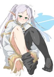 blush frieren highres knees long_sleeves looking_at_viewer onabe915 pointy_ears removing_legwear simple_background sitting skin_tight sousou_no_frieren thighhighs undressing wet white_background white_hair