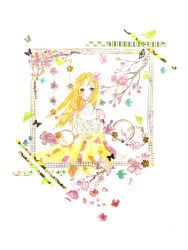 1girl abstract bare_shoulders blonde_hair border breasts cathinthecloud closed_mouth collarbone commentary dot_nose dress english_commentary flower hair_flower hair_ornament highres light_frown long_hair masking_tape_(medium) medium_breasts mixed_media original ornate_border parted_bangs pink_flower sleeveless sleeveless_dress solo traditional_media unconventional_media upper_body white_background yellow_dress yellow_eyes