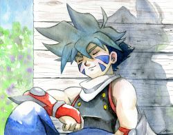 1boy against_wall beyblade black_shirt blue_pants building closed_mouth day emily_clark facepaint highres hiwatari_kai knee_up male_focus muscular pants shirt short_hair sitting sleeveless sleeveless_shirt smile solo spiked_hair sunlight wooden_wall