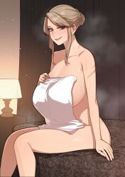 1girl 6no1 bed blonde_hair blue_eyes blush braid braided_bun breasts hair_bun highres huge_breasts indoors lamp long_hair looking_at_viewer multiple_scars naked_towel nose_blush nude on_bed open_mouth original parted_bangs scar sidelocks sitting smile solo steaming_body sweat towel