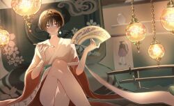 Rule 34 | 1boy, alternate costume, androgynous, backlighting, black hair, blunt ends, calligraphy brush, collarbone, crossed legs, curtains, earrings, folding fan, genshin impact, hand fan, hands up, highres, holding, holding fan, japanese clothes, jewelry, kimono, lantern, looking up, male focus, nero hanken, paintbrush, parted lips, purple eyes, red sleeves, scaramouche (genshin impact), scroll, sitting, solo, two-sided sleeves, watermark, weapon rack, white kimono, white mouth, white sleeves, wide sleeves, wispy bangs
