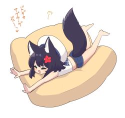 Rule 34 | 1girl, :d, ^ ^, absurdres, animal ear fluff, animal ears, bare arms, bare shoulders, barefoot, beret, black hair, blue shorts, blush, closed eyes, commentary request, crop top, flower, fox ears, fox girl, fox tail, full body, hair flower, hair ornament, hat, hibiscus, highres, lying, midriff, on stomach, open mouth, original, outstretched arms, red flower, saisoku no yukkuri, shirt, short shorts, shorts, simple background, sleeveless, sleeveless shirt, smile, solo, tail, translation request, white background, white hat, white shirt