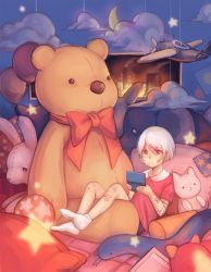 1girl artist_name balloon bandaged_arm bandages bandaid bandaid_on_arm bandaid_on_face bandaid_on_leg bruise candy female_focus food handheld_game_console injury lollipop no_shoes original pillow red_eyes ribbon sangcoon signature sitting socks solo star_(symbol) stuffed_animal stuffed_cat stuffed_rabbit stuffed_toy teddy_bear toy_airplane white_hair