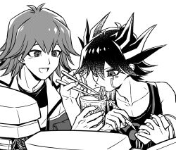 2boys bruno_(yu-gi-oh!) chopsticks collarbone cup_ramen facial_tattoo food fudo_yusei greyscale highres holding holding_chopsticks holding_food holding_tool jacket looking_at_another machinery male_focus monochrome multiple_boys noodles open_mouth ramen screentones shirt short_hair simple_background smile soldering_iron spiked_hair t-shirt tank_top tattoo tools upper_body youko-shima yu-gi-oh! yu-gi-oh!_5d&#039;s