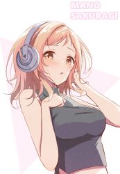 Rule 34 | 1girl, alternate costume, arm up, bare arms, bare shoulders, birthday, black shirt, blush, breasts, brown eyes, brown hair, character name, clenched hand, commentary request, dot nose, english text, hand in own hair, hand on own chest, hand up, high collar, highres, idolmaster, idolmaster shiny colors, impossible clothes, impossible shirt, looking at viewer, magna art, medium breasts, medium hair, midriff, parted lips, sakuragi mano, shirt, sidelocks, sleeveless, sleeveless shirt, solo, standing, straight hair, taut clothes, taut shirt, three quarter view, turtleneck, turtleneck shirt, upper body