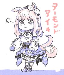 1girl :3 afterimage almond_eye_(umamusume) animal_ears bow braid breasts brown_hair character_name cleavage commentary_request deformed detached_collar detached_sleeves fingerless_gloves gloves hair_bow hair_ornament hairclip highres horse_ears horse_girl horse_tail motion_lines multicolored_hair shoes single_braid sleeve_bow solo symbol-shaped_pupils tail tail_wagging translation_request umamusume visible_air wing_collar wingo_(wingo809361131) x-shaped_pupils