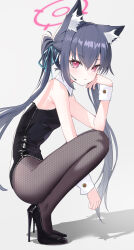 1girl absurdres animal_ear_fluff animal_ears arm_between_legs black_hair black_leotard black_shoes blue_archive brown_pantyhose cat_ears cat_girl commentary detached_collar elbow_on_knee extra_ears fishnet_pantyhose fishnets from_side full_body halo headset high_heels highleg highleg_leotard highres leotard long_hair looking_at_viewer luo_shu pantyhose pink_halo red_eyes serika_(blue_archive) shoes solo squatting twintails white_wrist_cuffs wrist_cuffs