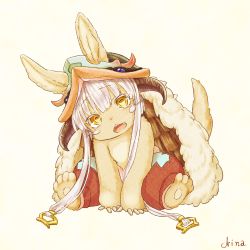1other :3 absurdres animal_ears arm_support arms_between_legs artist_name barefoot blue_pants brown_fur commentary_request fake_horns fangs full_body furry grey_hair head_tilt helmet highres horizontal_pupils horns leaning_forward looking_at_viewer made_in_abyss nanachi_(made_in_abyss) nina_(maurururoa) open_mouth other_focus pants puffy_pants red_pants short_hair_with_long_locks signature soles solo tail teeth topless_other upper_teeth_only whiskers yellow_eyes