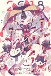 Rule 34 | 1girl, 2018, artist name, bell, black bow, black hair, bow, braid, chin strap, chinese zodiac, commentary request, dog, dog tail, female focus, floral print, geta, hair bow, happy new year, head tilt, highres, holding, holding instrument, instrument, jingle bell, long hair, long sleeves, multicolored hair, music, nail polish, new year, one eye closed, original, playing instrument, red bow, red eyes, red nails, sandals, sitting, smile, solo, tail, tengu-geta, twin braids, twintails, two-tone hair, white hair, year of the dog, yumenouchi chiharu