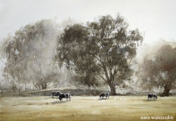 animal animal_focus cow grass nara_watercolor no_humans original painting_(medium) plant scenery shadow sunlight traditional_media tree watercolor_(medium)