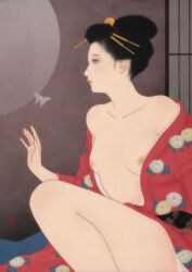 Rule 34 | 1girl, black hair, black sash, breasts, breasts out, bug, butterfly, collarbone, hair ornament, hair stick, insect, japanese clothes, kimono, looking to the side, nipples, obi, open clothes, open kimono, original, red kimono, sai tamiya, sash, sitting, solo