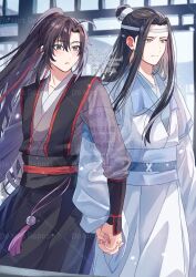 2boys ahoge bishounen black_hair black_hanfu blush chinese_clothes closed_mouth dated grey_eyes hair_between_eyes hair_ribbon hanfu headband high_ponytail highres holding_hands kimako_(kimako_8) lan_wangji lattice long_hair long_sleeves looking_at_another looking_to_the_side male_focus modao_zushi multiple_boys parted_lips ponytail red_ribbon ribbon robe sash sidelocks sleeves_past_wrists snow snowing standing tassel topknot twitter_username very_long_hair watermark wei_wuxian white_hanfu white_headband wide_sleeves winter xiao_guan_(headdress) yaoi yaopei yellow_eyes