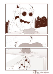 (o)_(o) 3koma abyssal_ship bespectacled bone boned_meat comic commentary_request food glasses greyscale highres horns how_to_make_sushi_(meme) kantai_collection hugging_own_legs long_hair lying meat meme mittens monochrome moomin muppo northern_ocean_princess outdoors parody pinky_out plate salt salt_bae_(meme) sazanami_konami solo sunglasses table tail translation_request twitter_username under_table wind