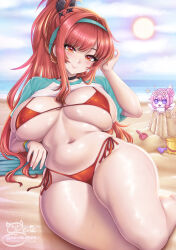 1girl :3 beach bikini black_choker breasts choker clothes_lift cloud commentary curvy doro_(nikke) english_commentary goddess_of_victory:_nikke hairband highres large_breasts long_hair navel ocean official_alternate_costume outdoors pink_hair ponytail purple_eyes rapi_(nikke) rapi_(red_hood)_(nikke) rapi_(red_hood)_(red_flavor)_(nikke) red_bikini red_eyes red_hair sand sand_castle sand_sculpture sevie shiny_skin shirt shirt_lift sky smile solo swimsuit thong thong_bikini water wide_hips