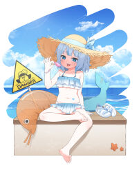 1girl bare_legs bare_shoulders barefoot beach bikini bloop_(gawr_gura) blue_eyes blue_nails blue_sky bracelet cloud collarbone ebi-chan_(gawr_gura) feet fins fish_tail food frills gawr_gura gradient_bikini half_lotus_position hat highres holding holding_food holding_popsicle hololive hololive_english jewelry midriff multicolored_hair multiple_bracelets navel ok_sign outdoors popsicle road_sign sandals shark_girl shark_tail sharp_teeth shrimp sign sitting sky solo spread_toes starfish straw_hat streaked_hair sun_hat swimsuit tail teeth toes tongue tongue_out ugaaaa1 unworn_sandals virtual_youtuber white_hair white_sandals