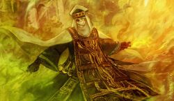 1boy cape casting_spell commentary elden_ring english_commentary highres holding holding_vial male_focus mask mouth_mask perfumer_(elden_ring) potion solo standing temmaru1 turban vial white_cape