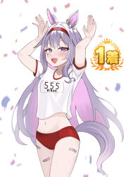 animal_ears bestrix bow cosplay ear_ornament ear_ribbon face_jewel grey_hair hand_jewel highres hololive hololive_english horse_ears horse_girl horse_tail jewel_under_eye kemonomimi_mode koseki_bijou multicolored_hair purple_eyes purple_hair shirt simple_background tail tracen_training_uniform umamusume virtual_youtuber white_shirt
