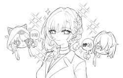 1boy 2girls aglaea_(fashion)_(honkai:_star_rail) aglaea_(honkai:_star_rail) anaxa_(honkai:_star_rail) animal_ears animal_hood cat_ears cat_girl cat_hood choker cipher_(honkai:_star_rail) earrings eyepatch greyscale hair_intakes heart holding honkai:_star_rail honkai_(series) hood jewelry laurel_crown monochrome multiple_girls nanoha_fn_dm necklace official_alternate_costume score short_hair smile