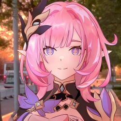 Rule 34 | 1girl, blue eyes, breasts, chinese commentary, commentary request, corset, elf, elysia (honkai impact), elysia (miss pink elf) (honkai impact), hair ornament, highres, honkai (series), honkai impact 3rd, huan455210, long hair, outdoors, photo background, pink hair, pink pupils, pointy ears, shrug (clothing), smile, solo, upper body, white corset