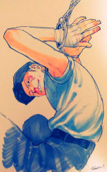 1boy arms_behind_head bad_id bad_pixiv_id bandaged_hand bdsm blood blu_scout_(tf2) bondage bound chain cuffs handcuffs hat highres kotteri male_focus scout_(tf2) signature solo team_fortress_2 wince