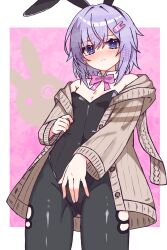 1girl animal_ears bare_shoulders black_leotard black_pantyhose blush bow bowtie closed_mouth cowboy_shot detached_collar fake_animal_ears flat_chest flustered gluteal_fold hair_ornament hairclip highres legwear_cutout leotard looking_at_viewer messy_hair noir_(noire6959) off_shoulder pantyhose pantyhose_cutout playboy_bunny purple_eyes purple_hair rabbit_ears short_hair short_hair_with_long_locks solo strapless strapless_leotard vocaloid yuzuki_yukari